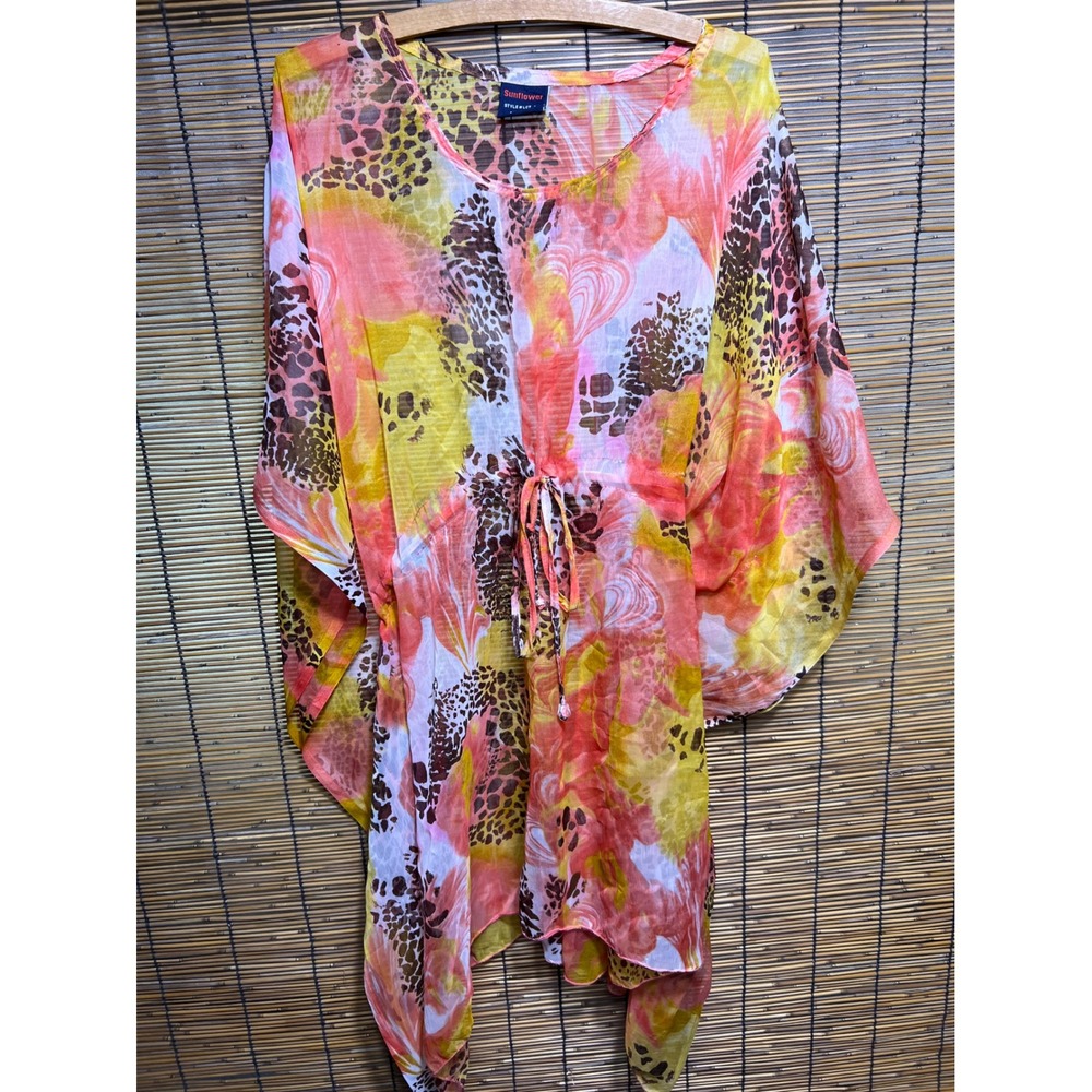 Sunflower Sheer Animal Floral Print Kaftan Top Drawstring Waist Multi Free Size